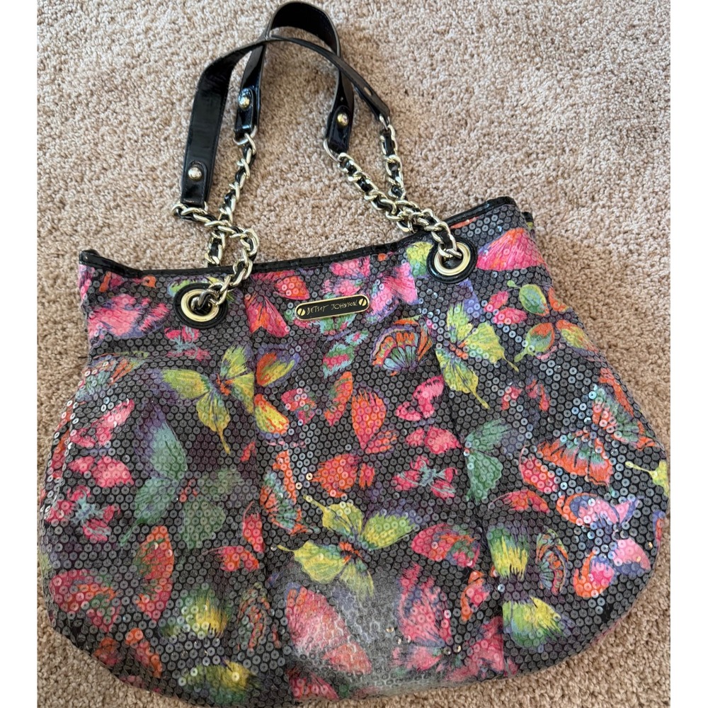 Betsey Johnson Butterfly Sequin Shoulder Bag Black Multi Gold Chain Strap